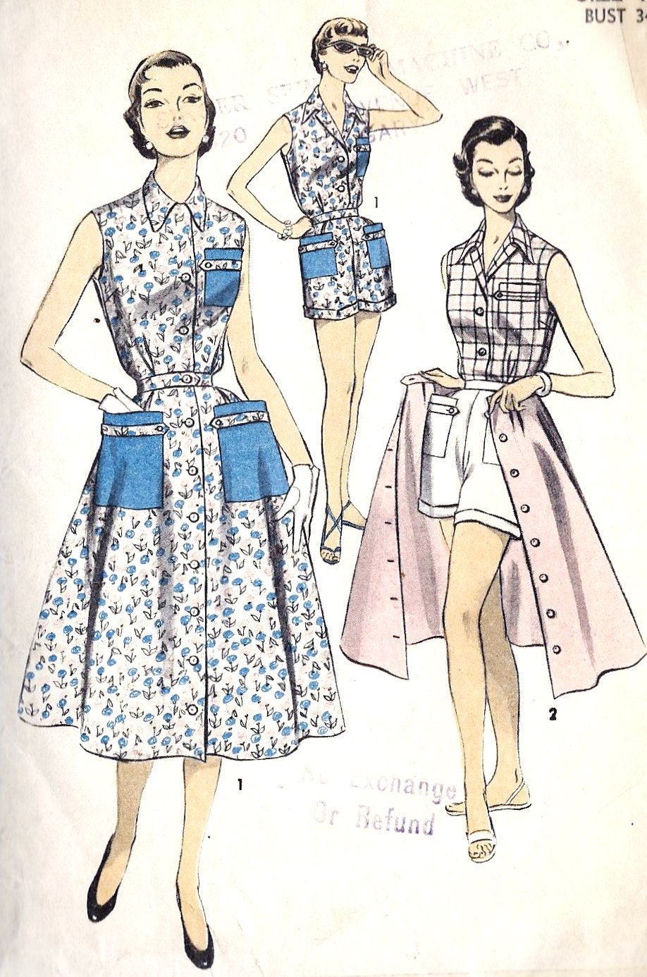 1950s Misses Summer Play Separates, Sleeveless Blouse, Shorts, Over Skirt Vintage Sewing Pattern, Advance 7049 bust 34"