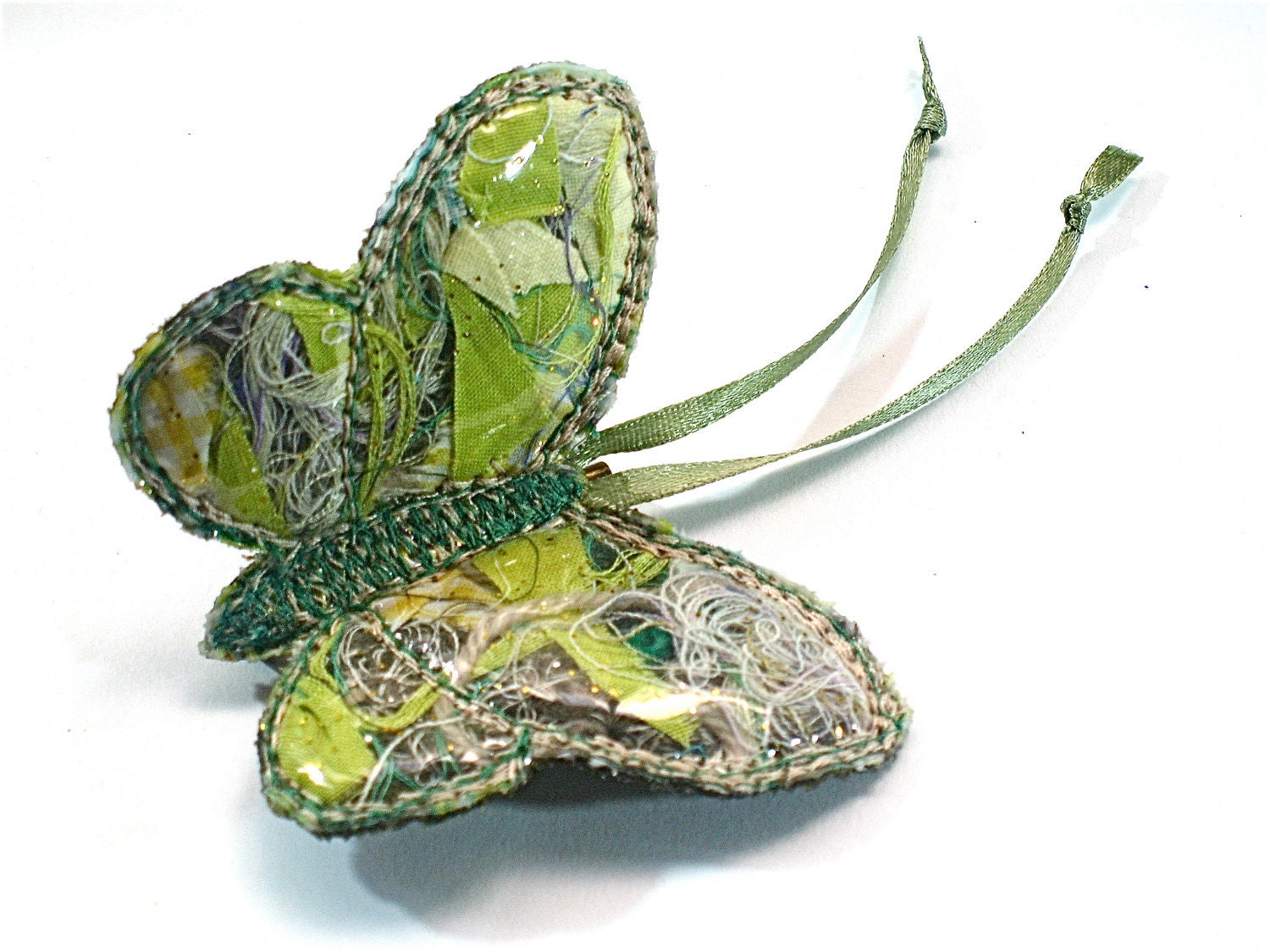Brooch Butterfly Fabric scraps pin vinyl embroidered green yellow lime eco-friendly - shirt hat scarf - recycled textile girl woman gift