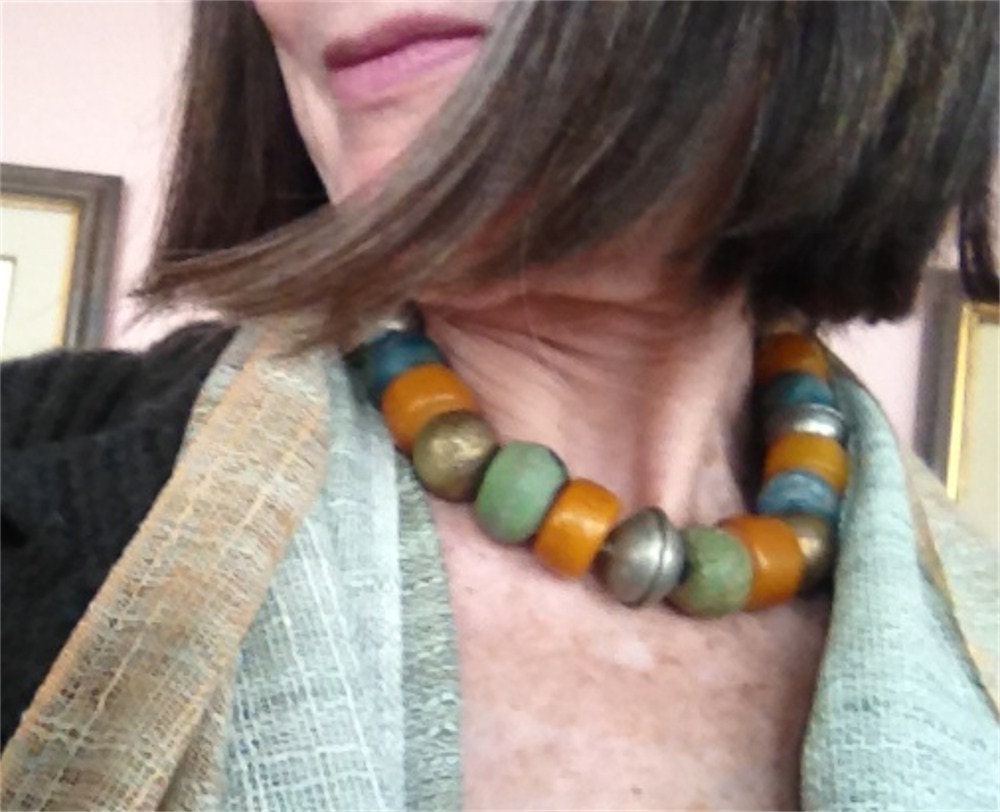 Amber, African Hebron beads and Tribal silver in this necklace