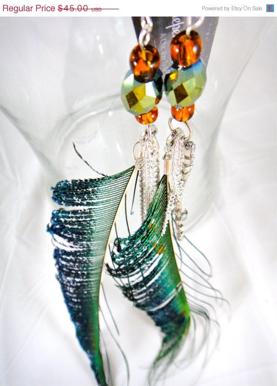 ON SALE Peacock sword feather earrings, Interchangeable