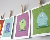 Monster Children's Wall Art Prints - Set of 3 Cute Monsters Children's Wall Decor (You Choose The Monsters) - 5 x 7 Prints