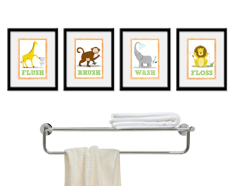 Kids Bathroom Wall Art - Four 8 x 10 Bathroom Jungle Safari Prints. Bathroom Rules -  Wash, Brush, Flush, & Floss, Children's Wall Decor