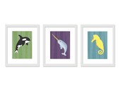 3 Piece Under the Sea Theme - Retro Colors - 5 x 7 Archival Giclee Prints, Children Decor, Children Wall Art, Nursery Art