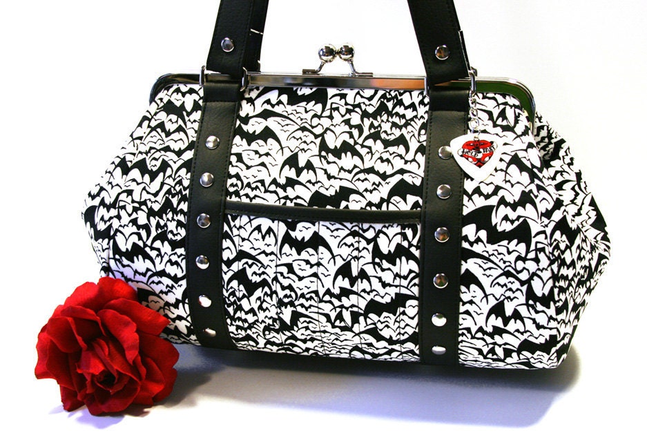 White Bat Print Purse with Your Choice of Vinyl, Halloween Horror Psychobilly Goth Purse - MADE TO ORDER