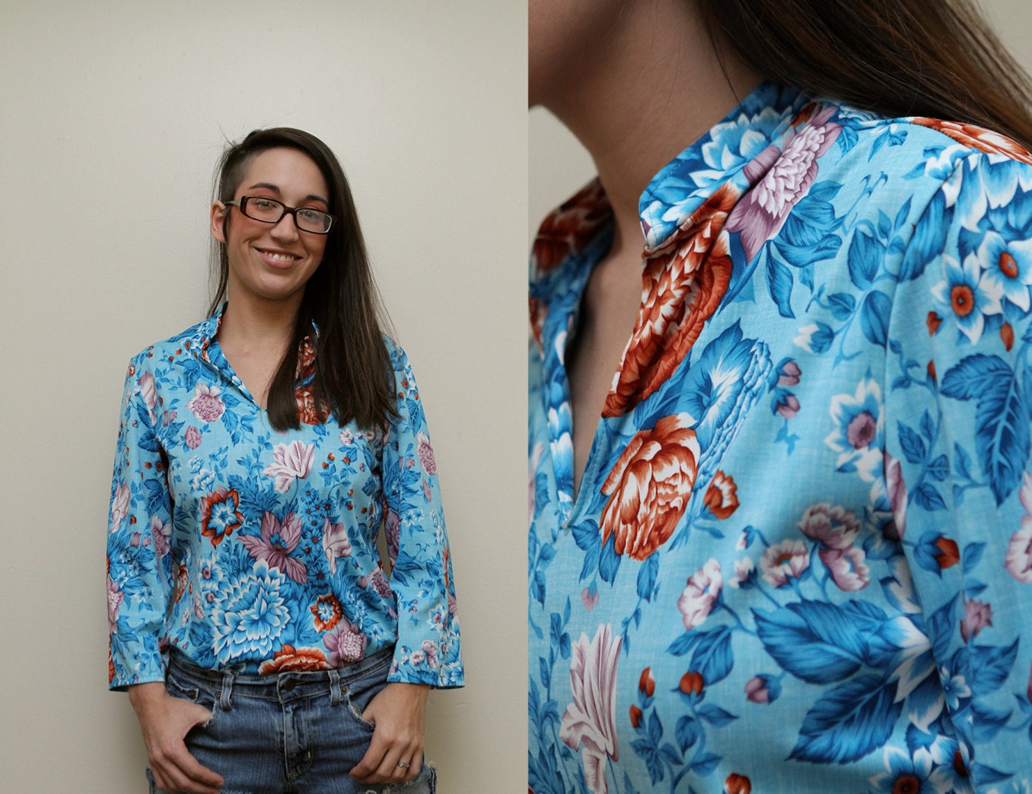 trippy bouquet -- Vintage 70s Handmade FLORAL Print Disco Blouse Shirt OOAK  -  M / L