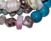 Pink, Teal, Clear, Silver and Wood Triple Beaded Bracelet