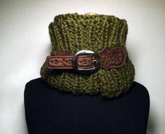 Hand Knit Cowl- The Equestrian Buckle Cowl Olive Green Sage Wrap Scarf Fashion Accessories