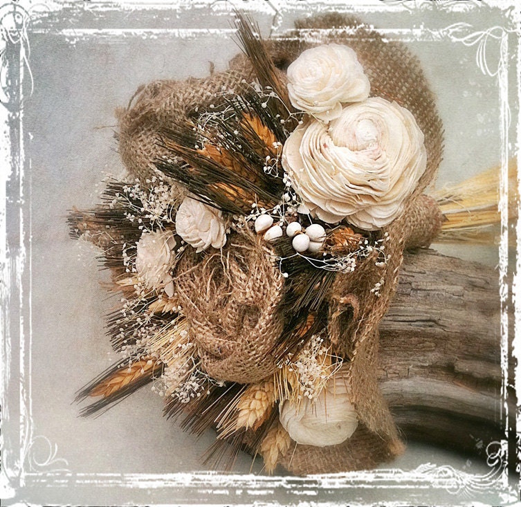 Country Charm Bouquet - Wheat Sola Flowers And Burlap - Rustic Weddings - Dried Flowers Brown White Country Western - sparkleandposy