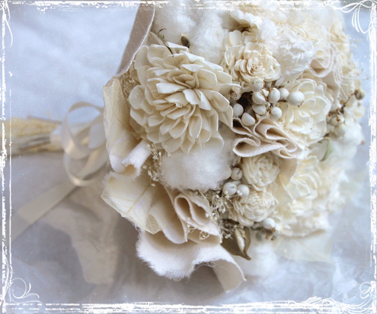 Cream And Cotton Bridal Bouquet  - Accessories - Country - Natural Cotton Bolls - Fabric And Dried Flowers Ivory - Wedding Summer