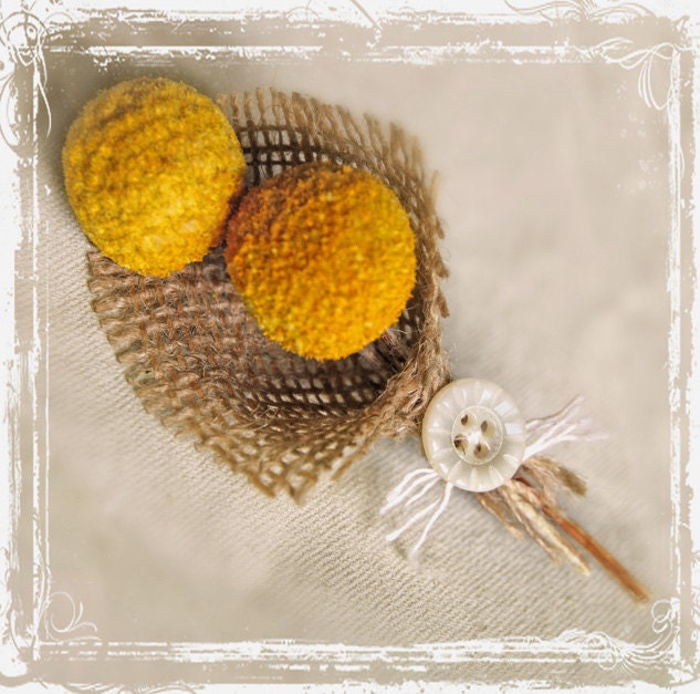 Burlap, Billy Ball Boutonniere - Rustic Wedding - Yellow Craspedia - Groom And Groomsmen - Father Of The Bride, Father Of The Groom