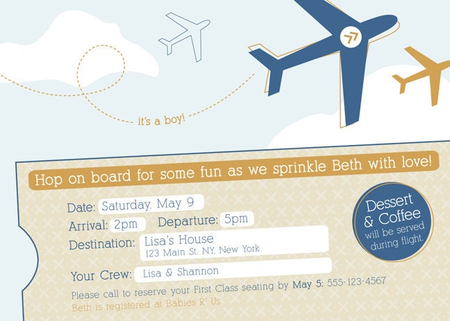 Custom Boy Airplane Baby Shower Invitation - Set of 12