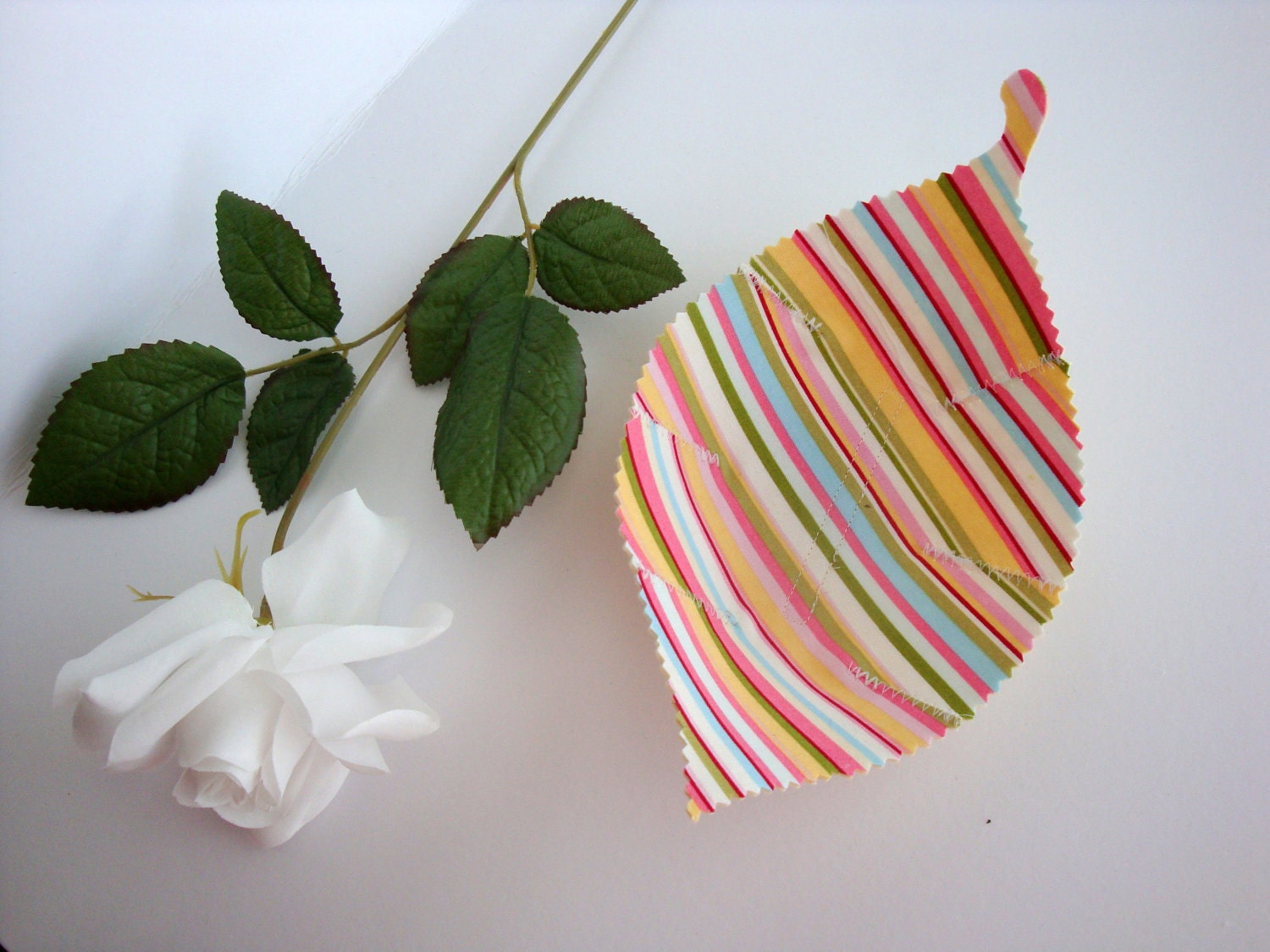 Rose leaf fabric bowl in Spring Stripes--Reversible by evLien Designs