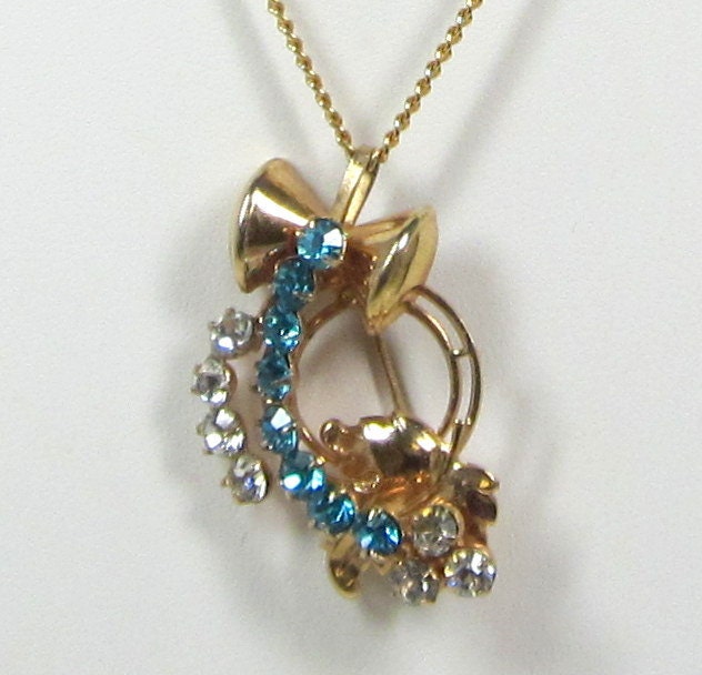 Vintage Rhinestone Brooch - Pendant - Blue Topaz - Clear Rhinestone Necklace