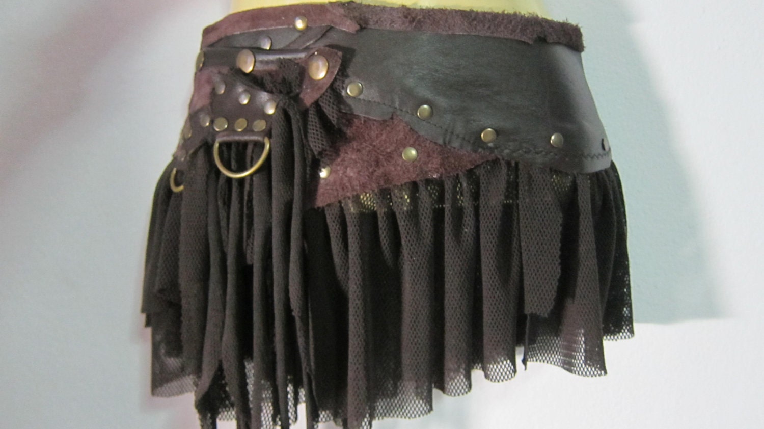 RESERVED..vintage inspired bohemian chocolate leather mini skirt belt/tutu with stud detail....