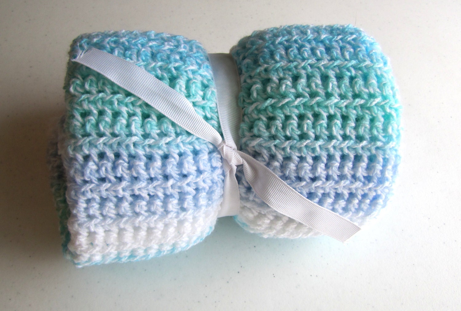 Crocheted Blue, Green, Teal, and White Baby Blanket