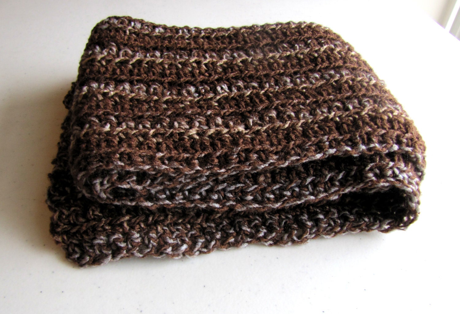 Brown and White Crocheted Scarf