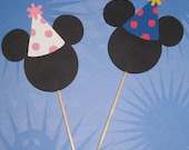 Mickey Mouse and Minnie Mouse with Party Hats Cupcake Toppers - Set of 4