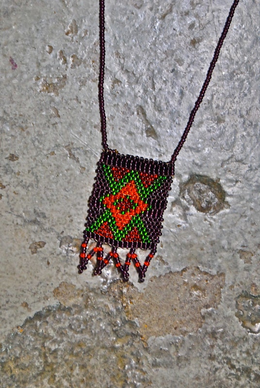 vintage necklace, colorful geometric tribal beaded design