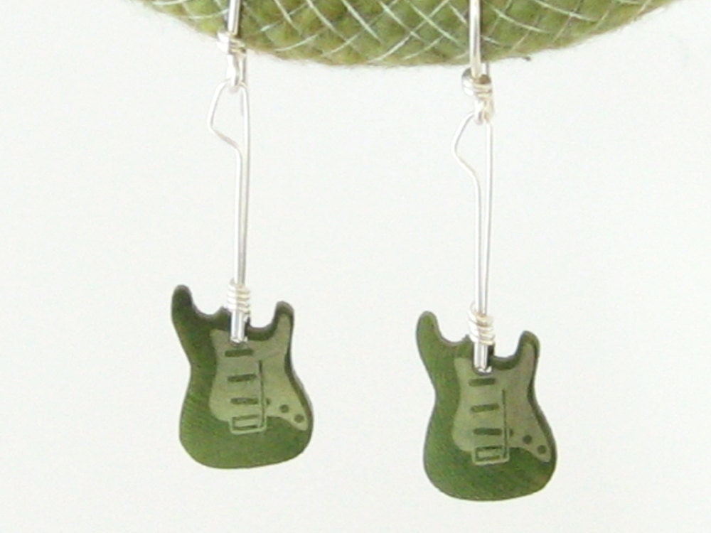 Green Guitar Earrings - Fender Stratocaster - Tagua Nut & Sterling Silver