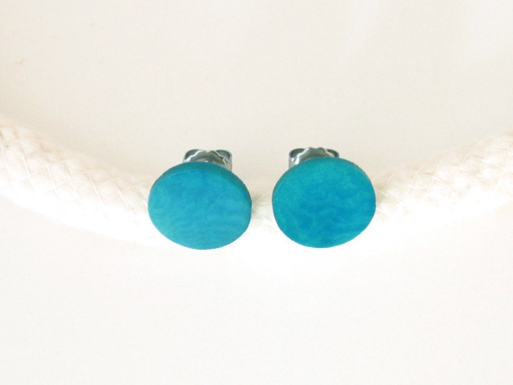 Jewelry - Earrings - Eco-Friendly - Turquoise Blue Tagua Round Stud Earrings - Tagua Nut & Surgical Stainless Steel - 1/2 inch
