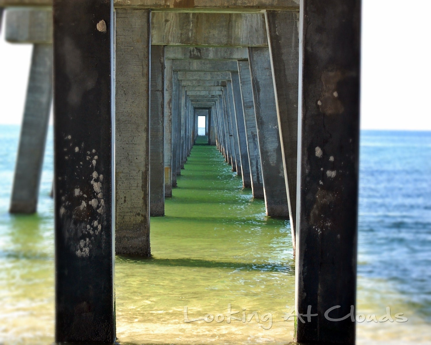 Under the Pier blue green ocean view beach nautical perspective zen 8 x 10 fine art photograph - LookingAtClouds