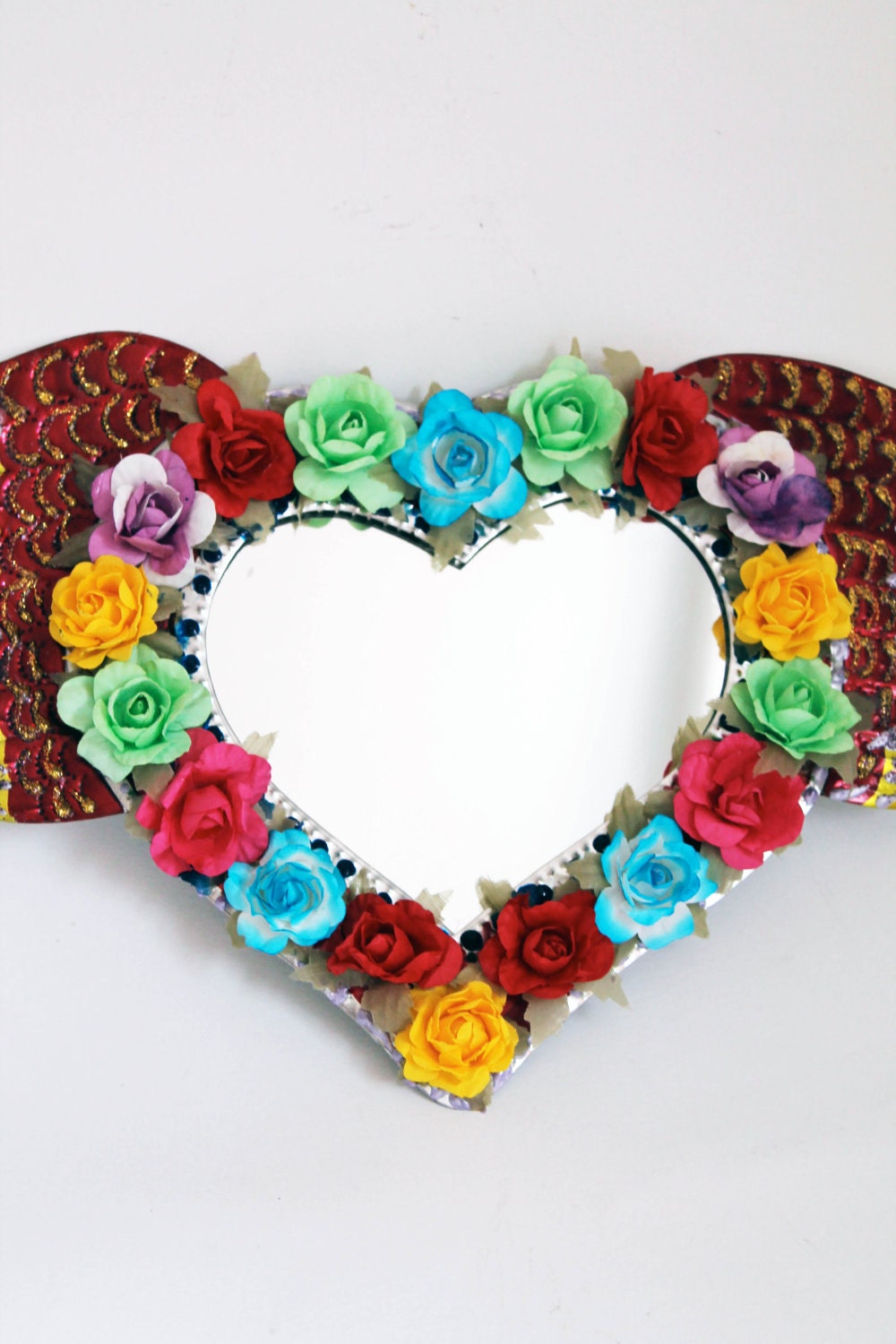 Winged Heart tin metal mirror / Mexican folk art / bright colorful mixed media / rainbow silver / wedding gift