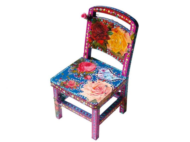 Miniature chair Folk art Folklorico hand painted pink red and blue