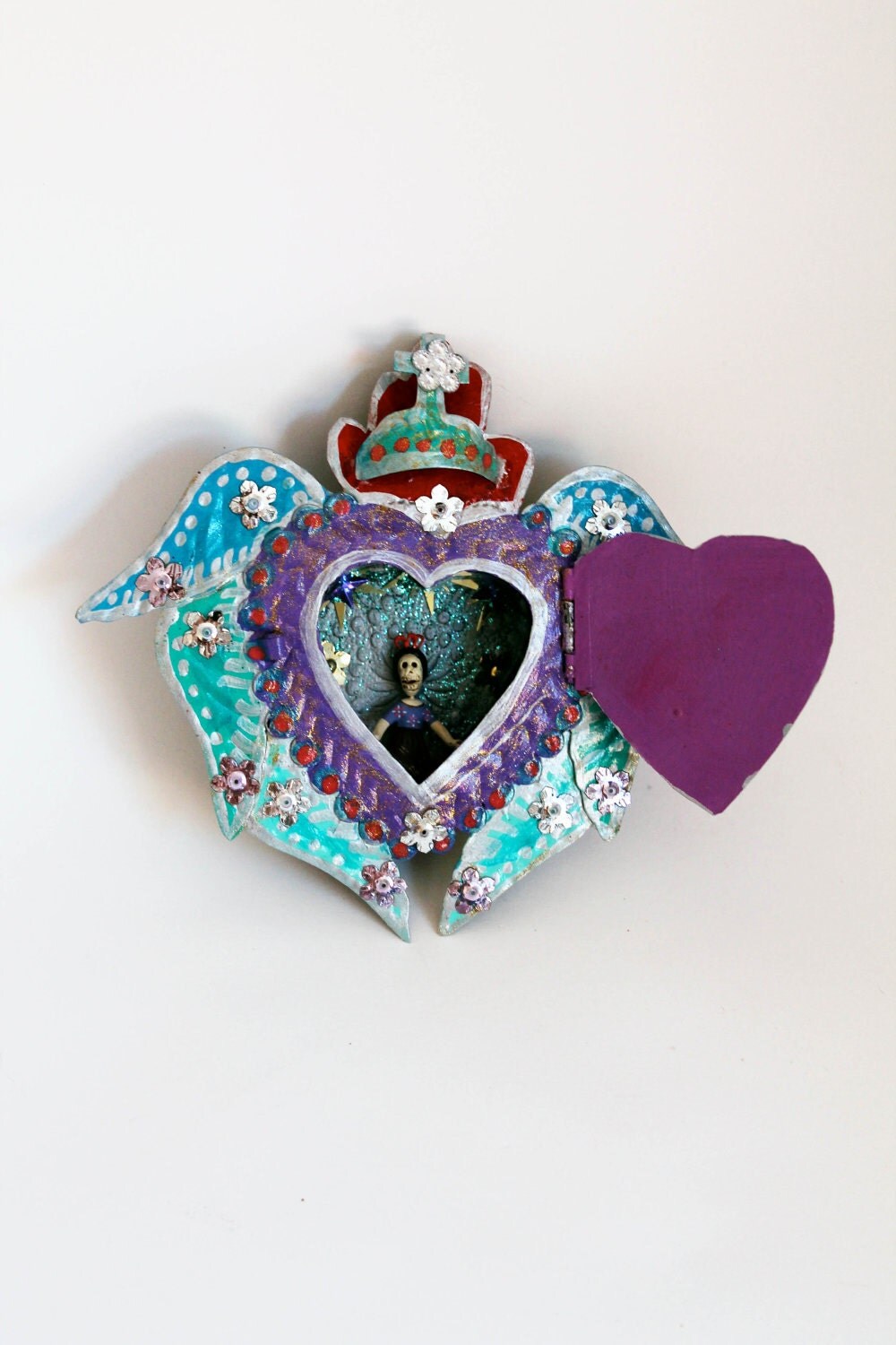 Mexican winged sacred heart tin nicho with heart door and shadow box // Frida Kahlo // Day of the Dead // whimsy cute unique angel