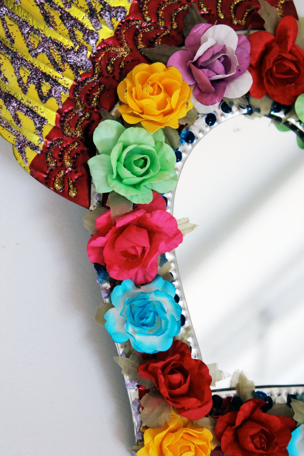Winged Heart tin metal mirror / Mexican folk art / bright colorful mixed media / rainbow silver / wedding gift