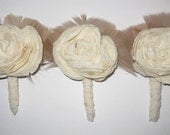 Balsa Wood Flower Boutonniere/ Brooch with Feathers and Vintage Lace