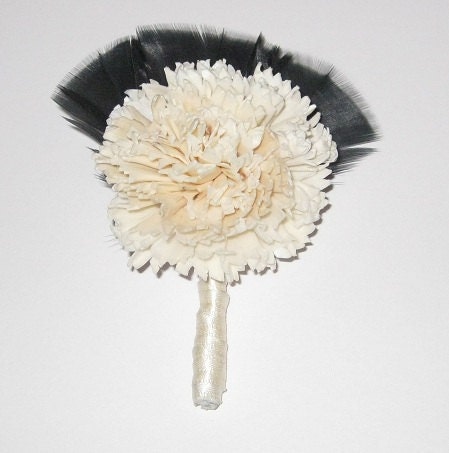 Balsa Wood Carnation Flower Boutonniere / Brooch with Feathers and Ivory Ribbon