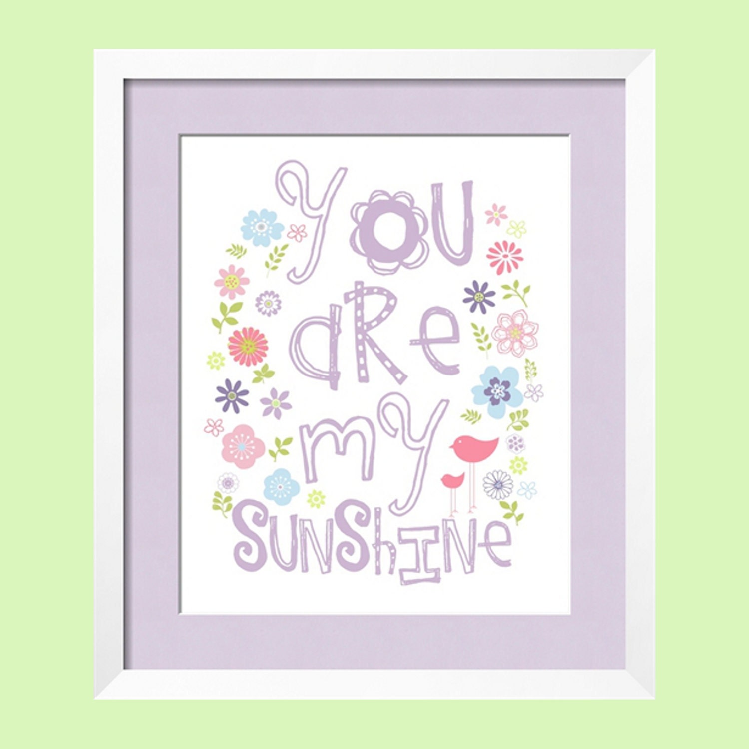 You Are My Sunshine  Whimsical Art Print  in Lavender, pink, blue and green 8x10 in