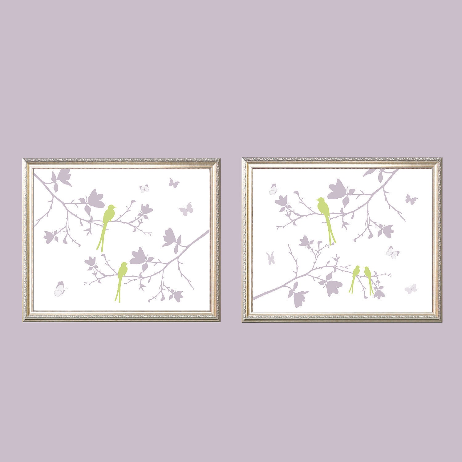Butterflies and Birds on Magnolia branches - In Lavender and Pale Green 2 pc set 8x10