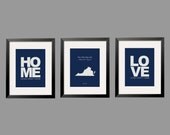 Navy and Light Grey Love Lives Happy Here, Home Sweet Home,Customized State Map 3 ps print set 11x14 by Yasisplace