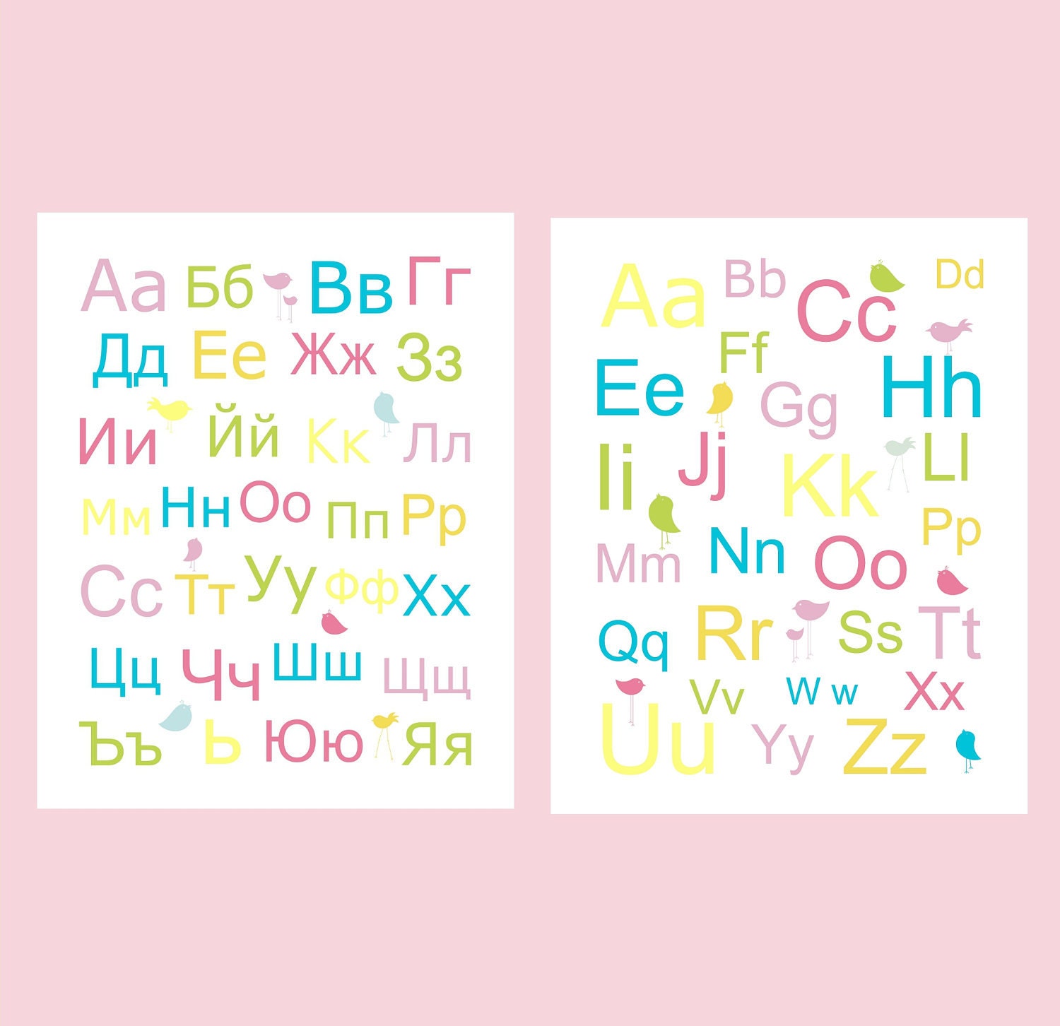 Bulgarian and English Alphabets and Birds in pastel colors 2 pc 8x10 by YassisPlace