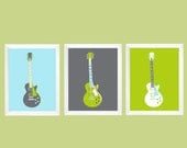 Guitar Art Children's Wall Art in aqua, grey, lime green and white 3 pc set 11x14 by Yassisplace.etsy.com
