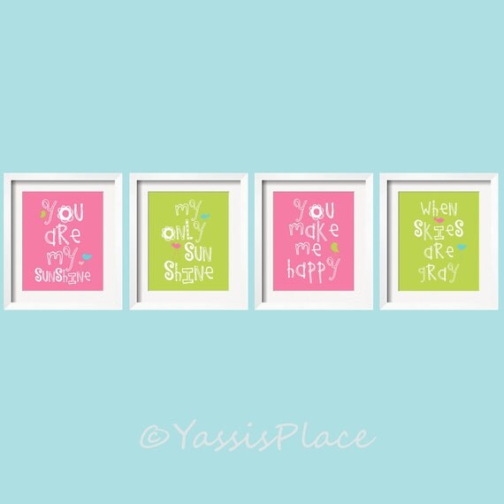 You Are My Sunshine 4 pc Art Print Set For Girls Bedroom or shared space  8x10 in  hot pink, and spring green by YassisPlace