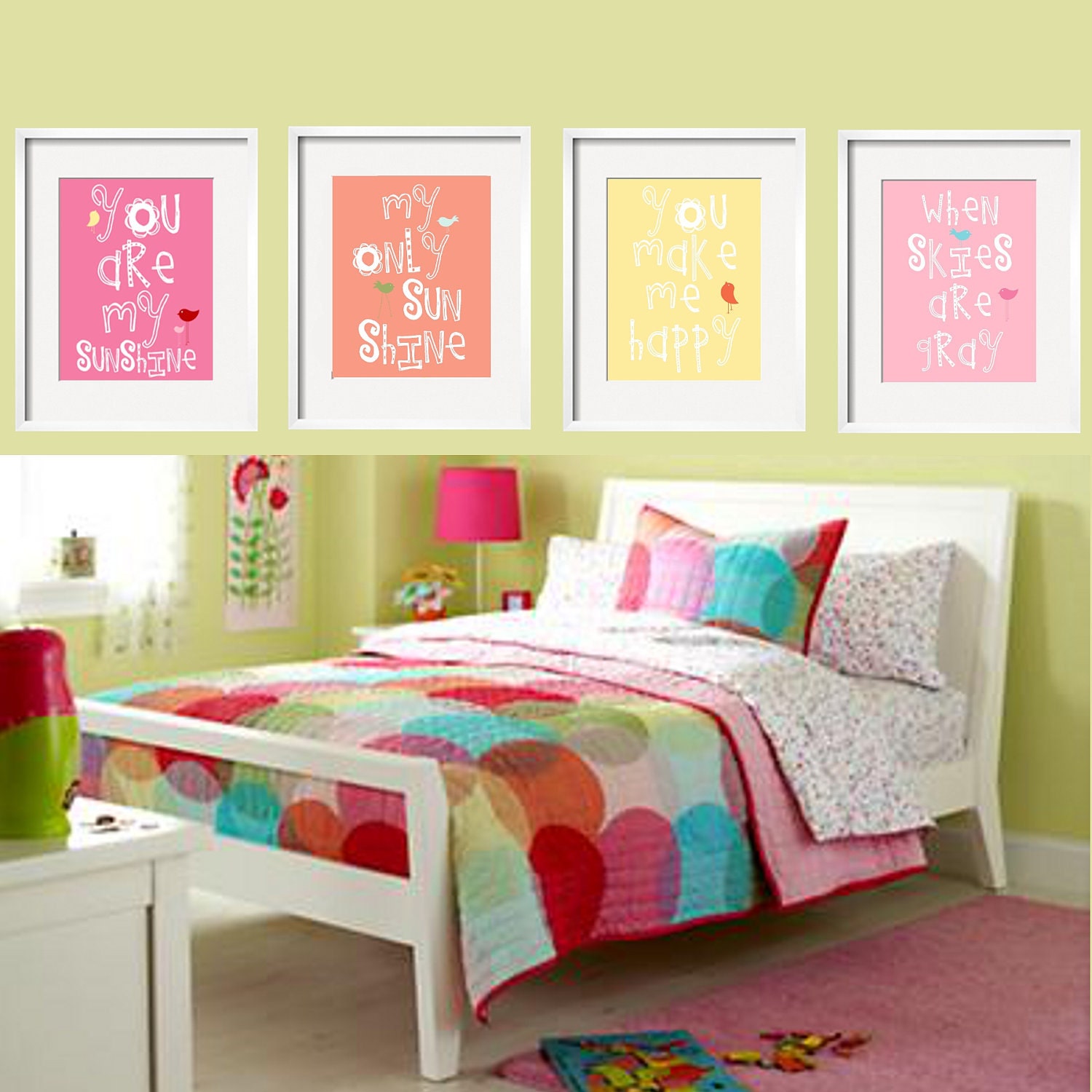 You Are My Sunshine 4 pc Art Print Set For Girls Bedroom or shared space  8x10 in  hot pink, and spring green by YassisPlace