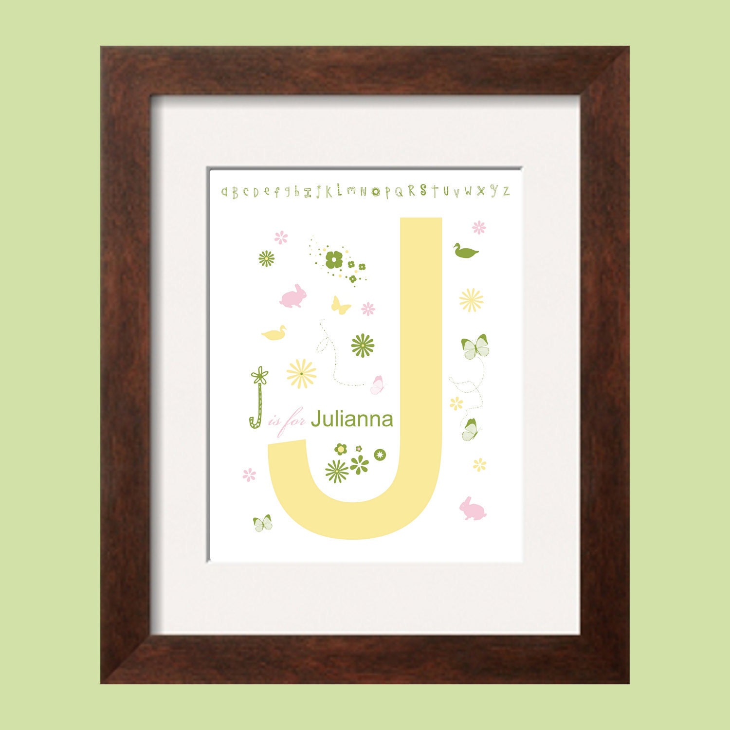 J - Print Initial Personalized Art Print 8x10 in yellow, green and pink. Graphics include duck bunny butterfly flowers