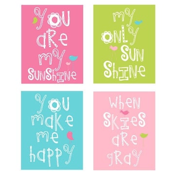 You Are My Sunshine 4 pc Art Print Set For Girls Bedroom or shared space  8x10 in  hot pink, and spring green by YassisPlace