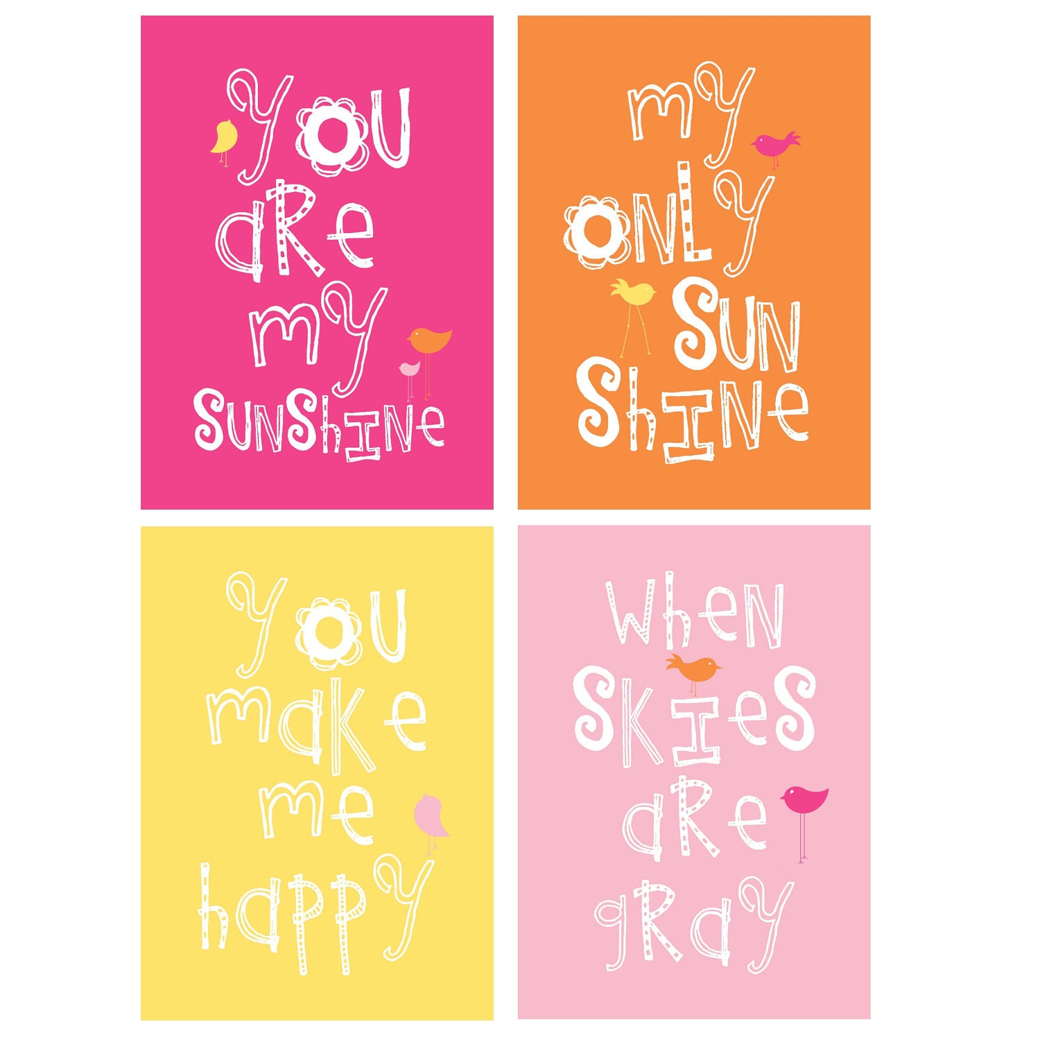 You Are My Sunshine 4 pc Art Print Set For Girls Bedroom or shared space  8x10 in  hot pink, and spring green by YassisPlace