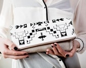 Tribal Pattern Printed Leather-Suede Pouch black No. ZP-103