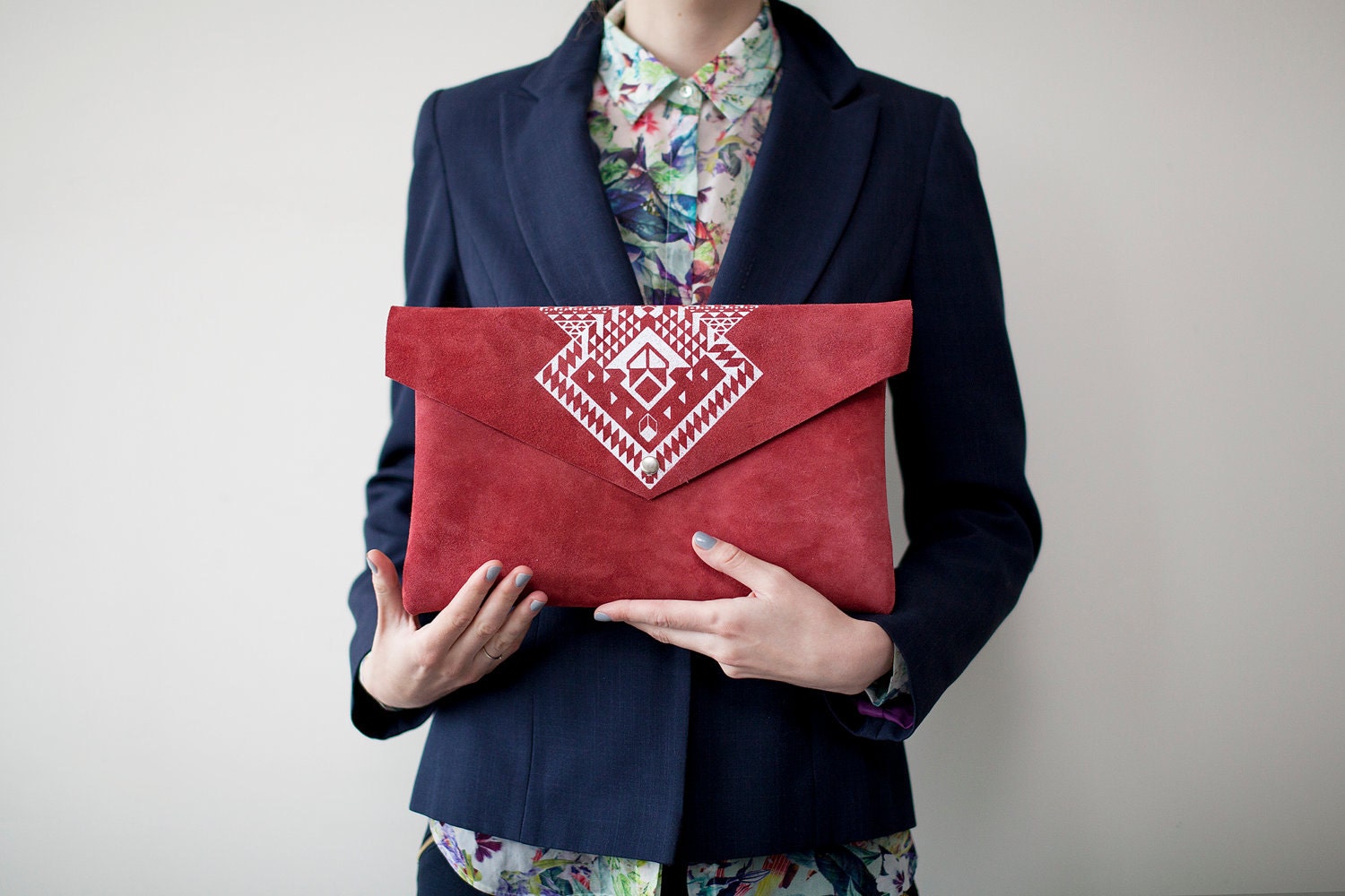 Envelope Bag Geometrical Illusion Leather Suede Red with White No. EB-201