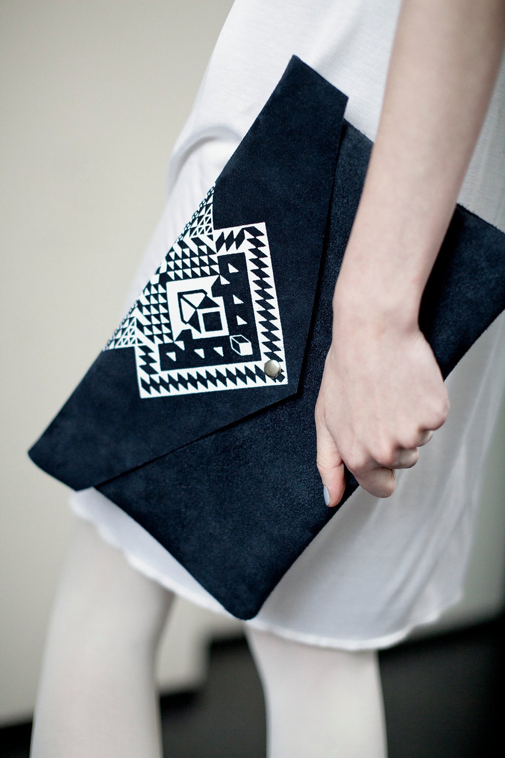 Envelope Bag Geometrical Illusion Leather Suede Navy Blue with White No. EB-101