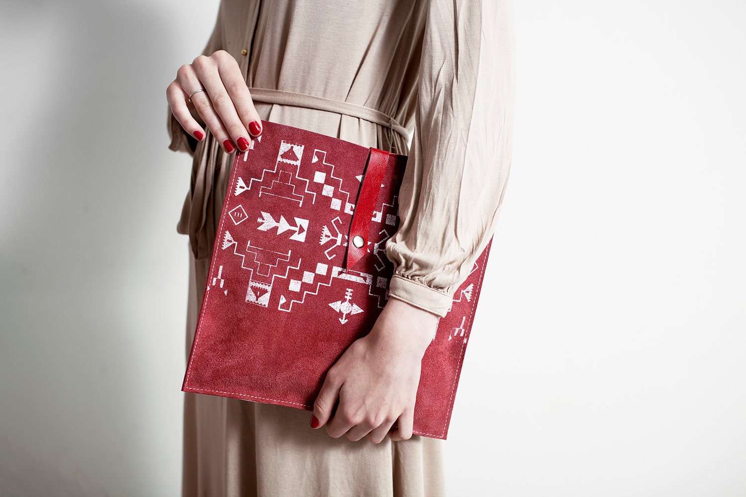 Tribal Pattern Leather Suede Red with White No. LP-201