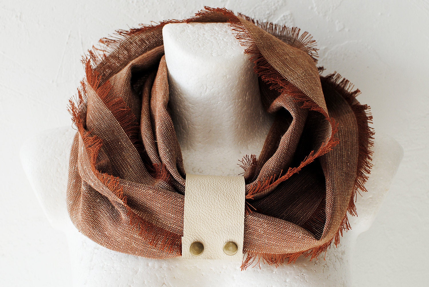 LAST ONE Linen Scarf With Detachable Leather Loop rust brown