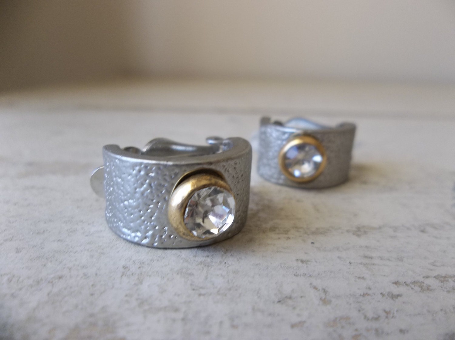 Small Silver Hoop Gold Crystal Stone Detail Clip On Earrings