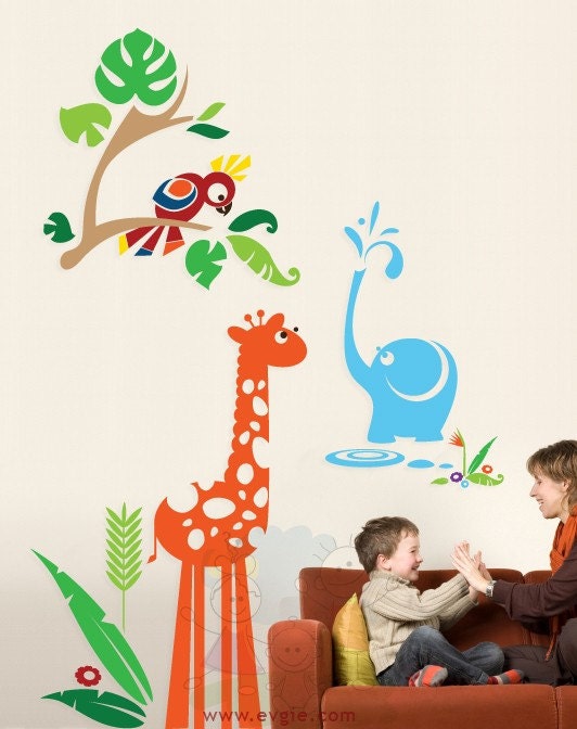 Elephant Shower with Giraffe and Parrot - Jungle Gym Nursery Decals for Kids Children - PLJN020R