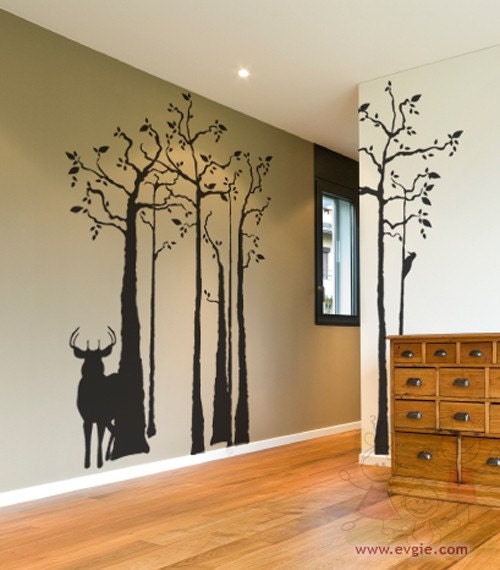 Vinyl Decal Deer Silhouette in the Forest,  Woodpecker -  Removable Sticker