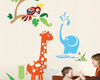 Elephant Shower with Giraffe and Parrot - Jungle Gym Nursery Decals for Kids Children - PLJN020R